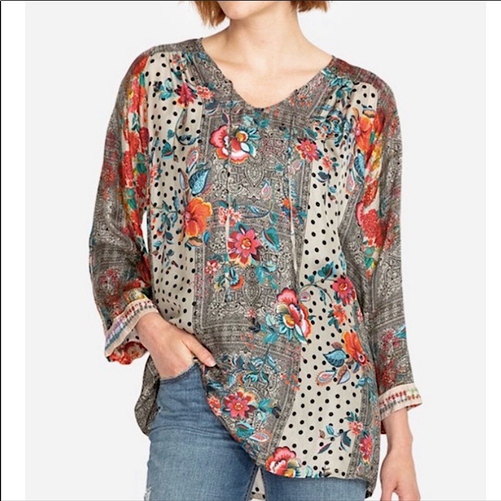 Johnny Was Jolie Embroidered Boho Oversized Silk Tunic Size XS